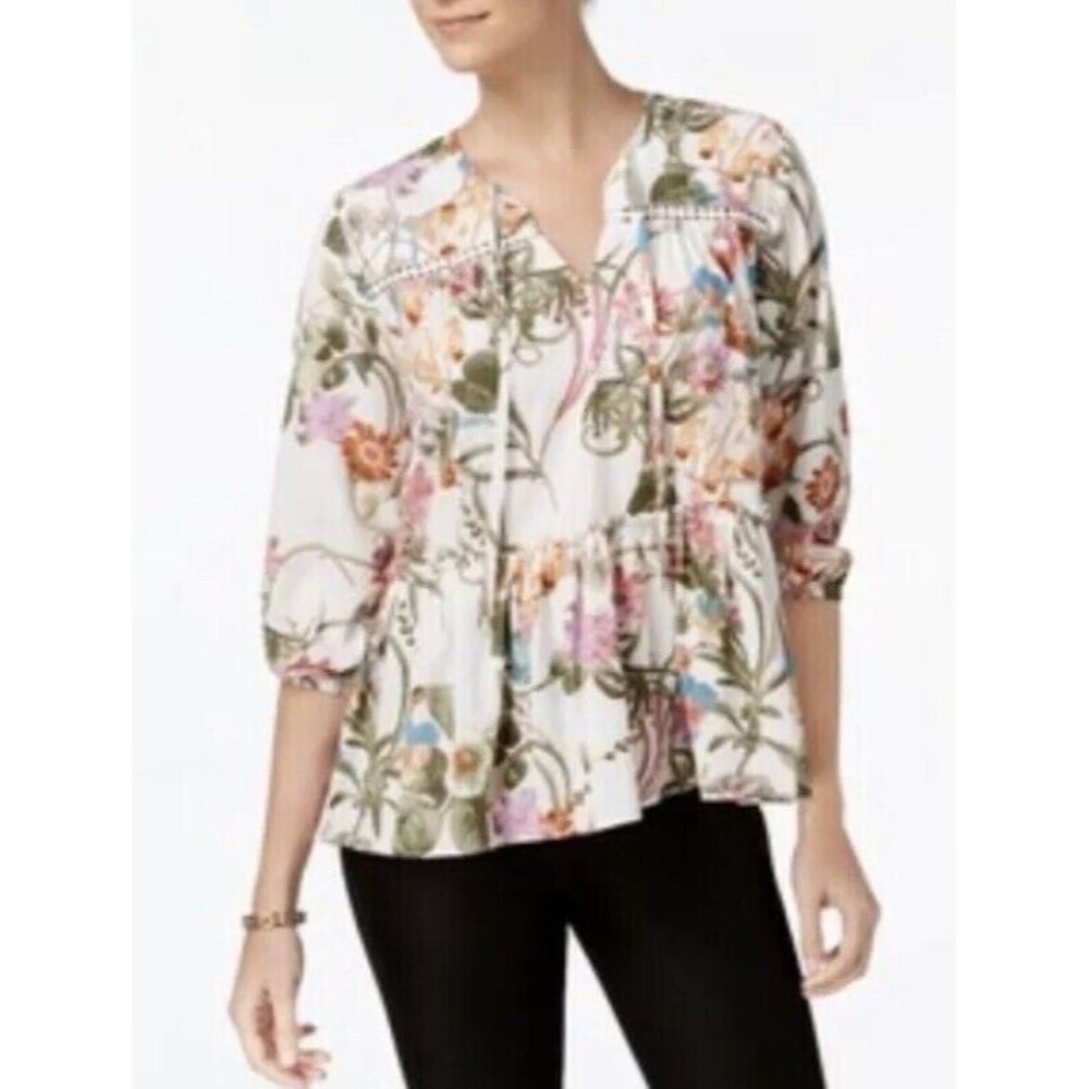 Olivia & Grace Shirt Women Size Medium Floral Peasant Tie Front